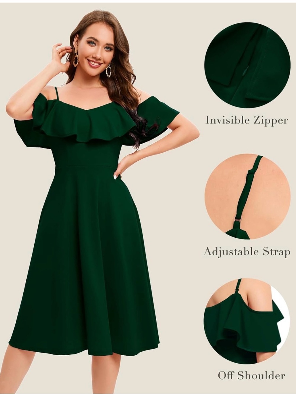 Bbonlinedress Green Off-the-Shoulder Ruffle Cocktail Midi Dress - Picture 2 of 12